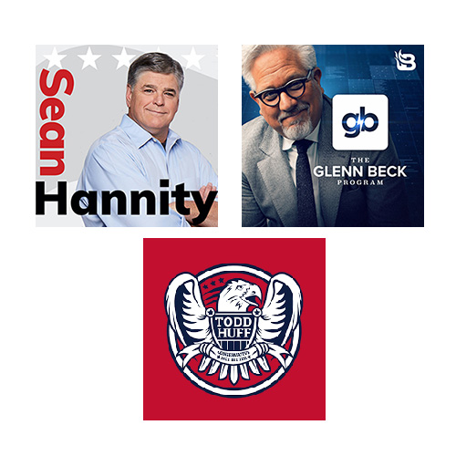 ○Graphic displaying the logos of national syndicated talk show hosts alongside the Freedom 95 logo, representing broadcast authority.