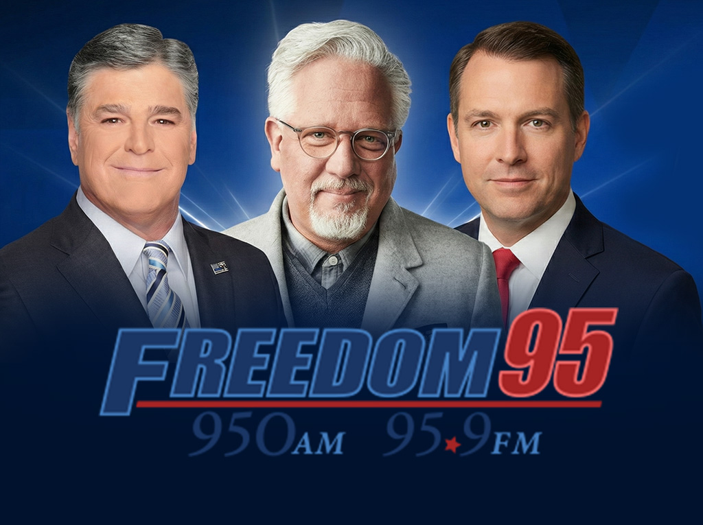 Graphic displaying the logos of national syndicated talk show hosts alongside the Freedom 95 logo, representing broadcast authority.