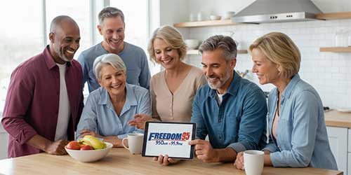 Diverse group of Central Indiana adults listening to talk radio on a tablet in a bright kitchen.