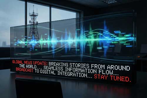 Graphic illustration of radio waves and a news ticker, symbolizing the flow of information and news analysis.