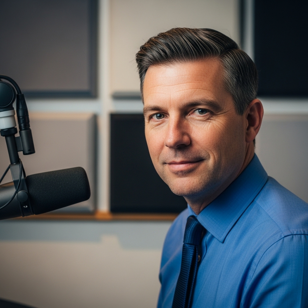 ○Professional headshot of Sean Hannity, host of the local talk show.